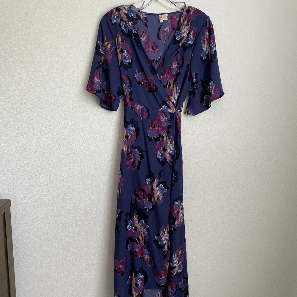 SIZE SMALL - Navy Blue Floral Wrap Midi Dress